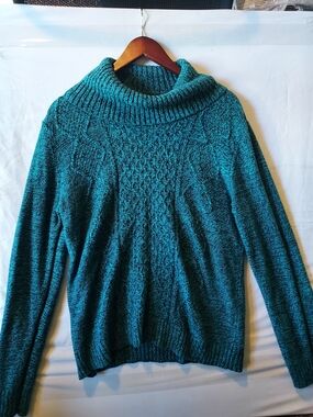 Teal Cable-Knit Cowl Neck Sweater - Women's